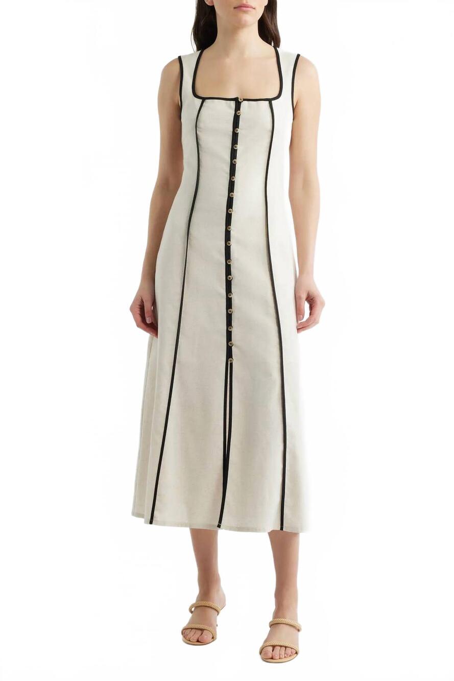 NEW ZOE AND CLAIRE contrast piping square neck button-up midi dress in white